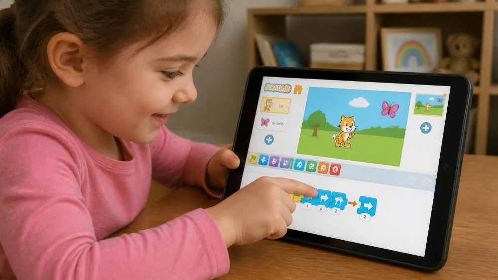 A five-year-old snapping coloured ScratchJr picture blocks together on an iPad.