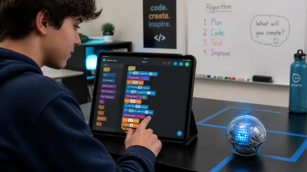 A teenager coding the Sphero BOLT in the Sphero Edu app as the clear ball scrolls a pattern.