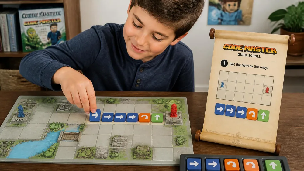 An eight-year-old placing action tokens along a Code Master map beside the guide scroll.