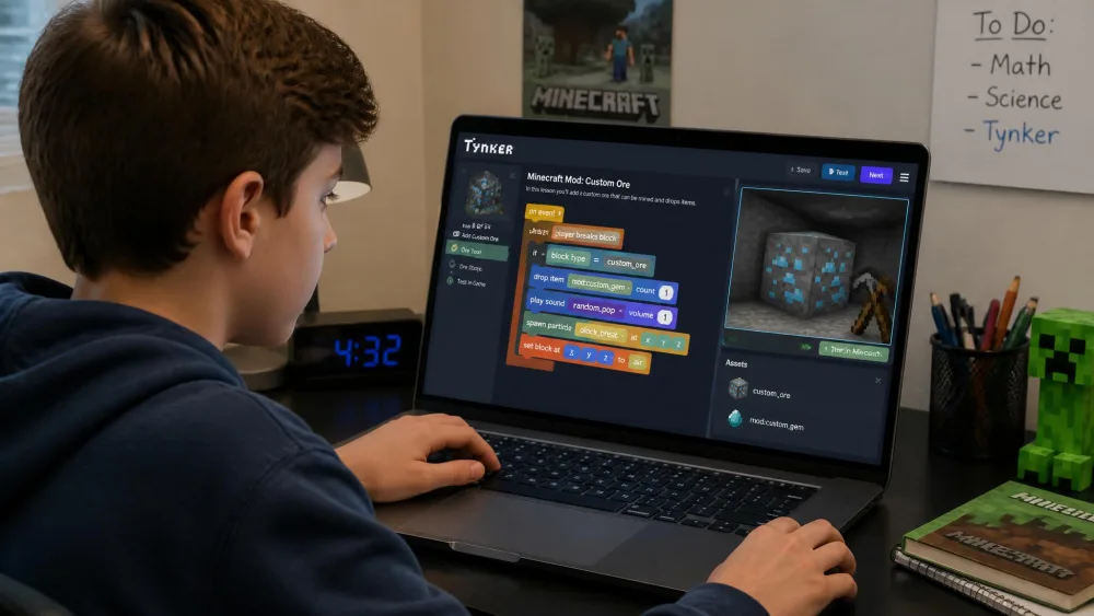A twelve-year-old at a laptop working through a Tynker lesson that builds a Minecraft mod.