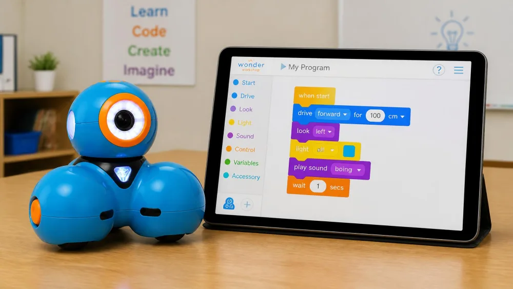 The blue Wonder Workshop Dash robot beside a tablet showing a Blockly program.