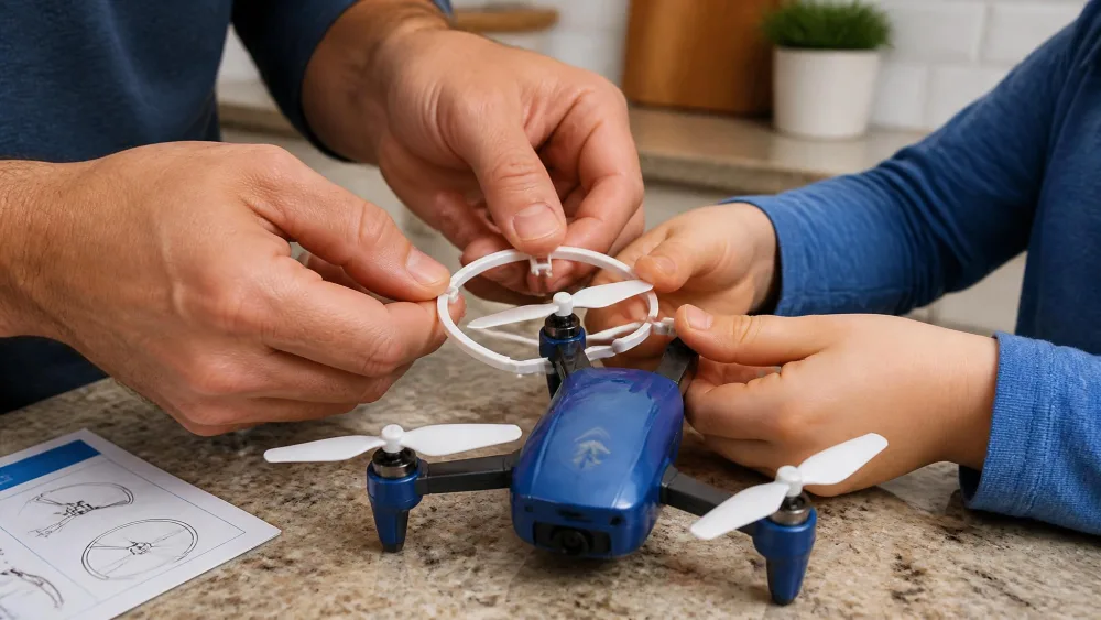 An adult's hands and a child's hands together clipping a white circular propeller guard onto the arm of a small blue toy drone on a kitchen counter.