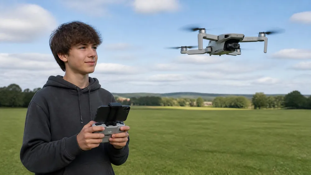 A teenager in an open grass field holding an RC-N1C controller with a phone mounted on it, flying a grey DJI Mini 4K drone with a visible 3-axis gimbal camera.