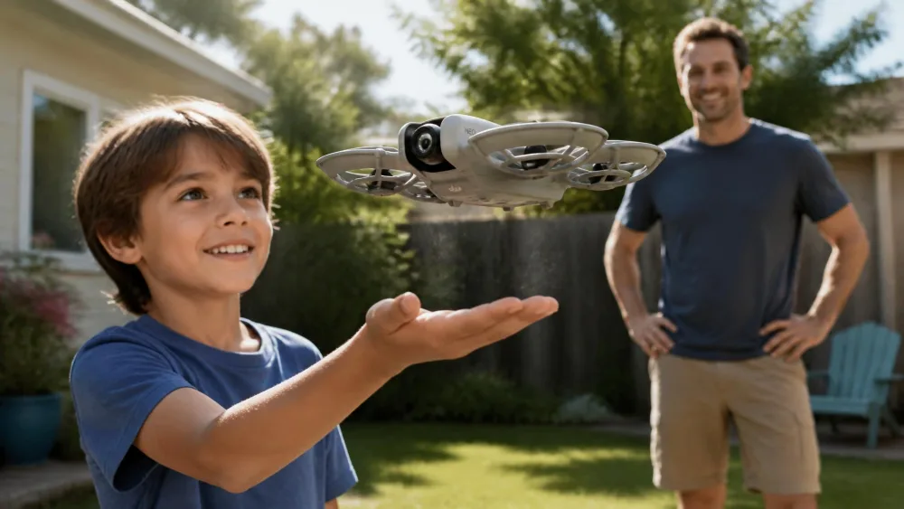 A grey DJI Neo drone with built-in full-coverage propeller guards lifting off from a child's open palm in a sunlit backyard, a parent standing behind.