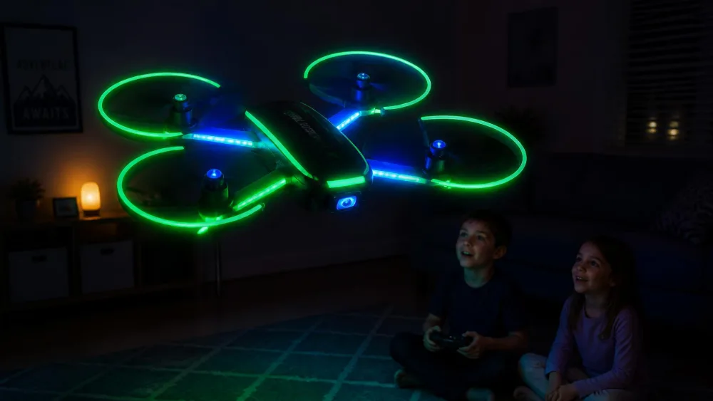 A HASAKEE Q9s quadcopter with neon green and blue LEDs glowing along its whole frame and four full propeller guards, hovering in a darkened living room while two children watch.