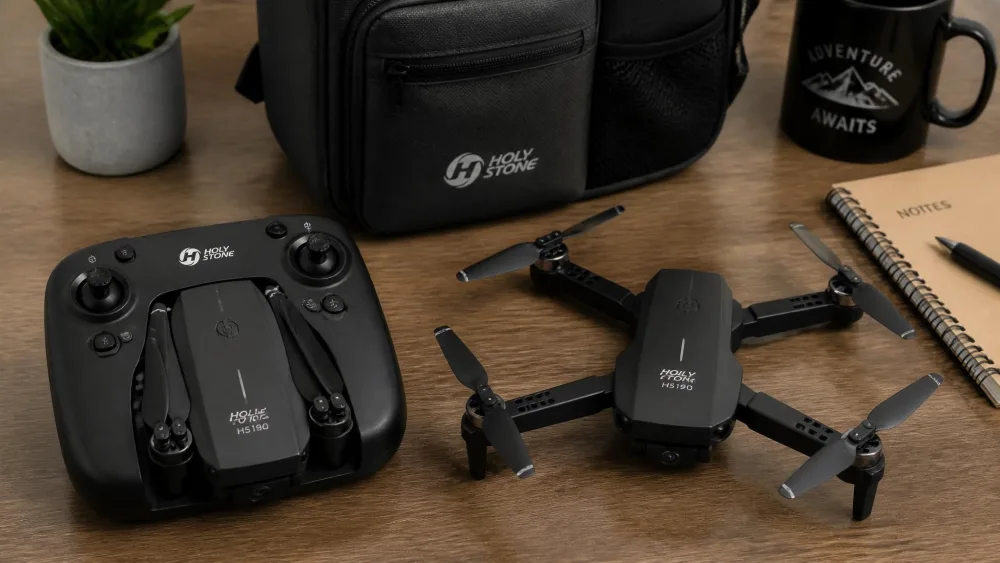 A black Holy Stone HS190 foldable mini drone folded flat into its handheld controller beside a backpack, with a second unit arms-open on the table.