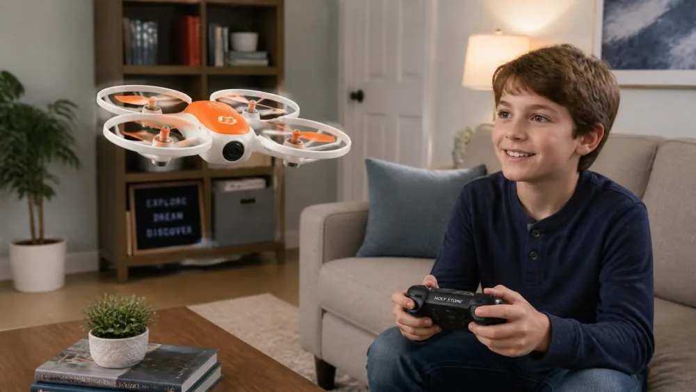 An orange and white Holy Stone HS210 mini drone with full circular propeller guards hovering in a living room while a child works the controller.