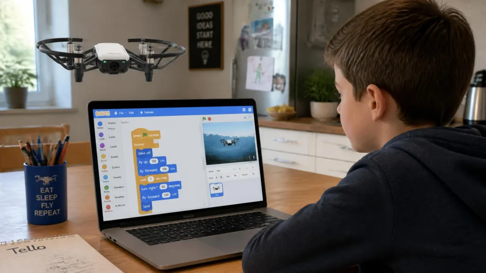 A white Ryze Tello drone hovering above a kitchen table beside an open laptop showing colourful Scratch block-coding commands, with a ten-year-old watching the screen.