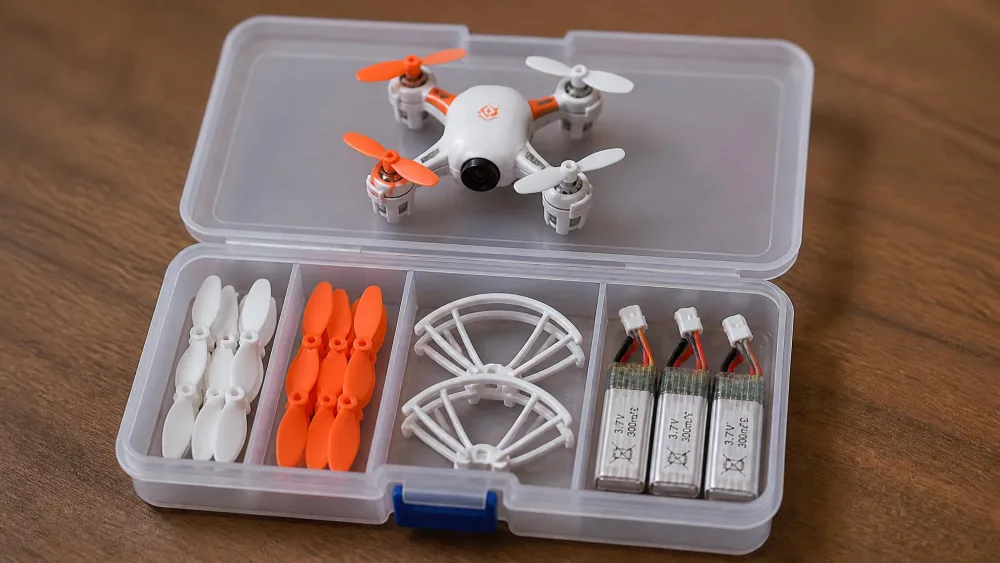 A small plastic parts box holding sets of spare white and orange drone propellers, two propeller guards and three small drone batteries, with a mini drone on the lid.