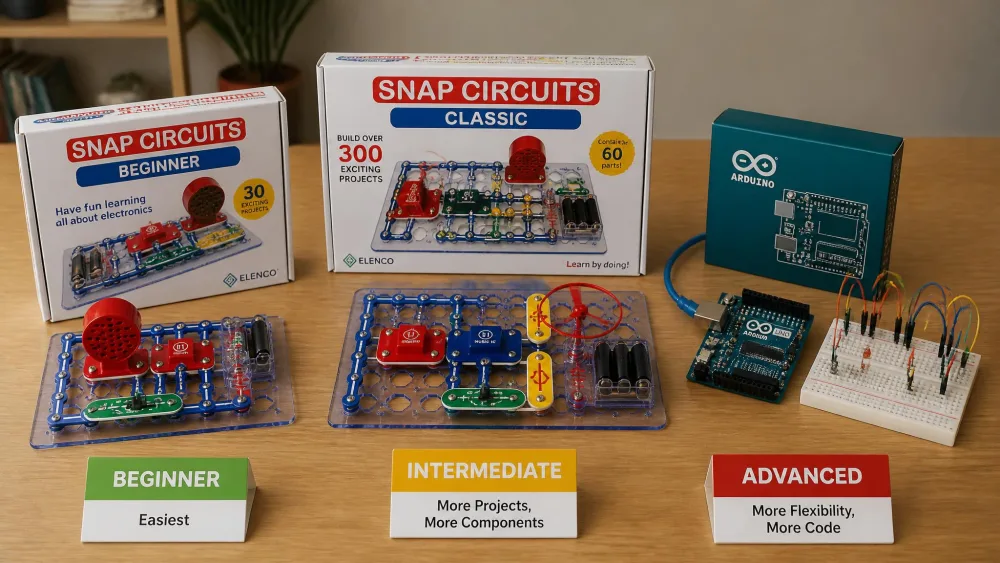 Three electronics kits arranged by difficulty on a table, from a Snap Circuits Beginner box to a Snap Circuits Classic set to an Arduino board with a breadboard.