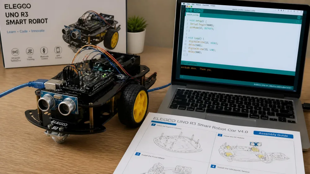 A partly assembled ELEGOO UNO R3 smart robot car with its ultrasonic sensor mounted, sitting next to a laptop showing the Arduino IDE and a printed diagram-only manual.