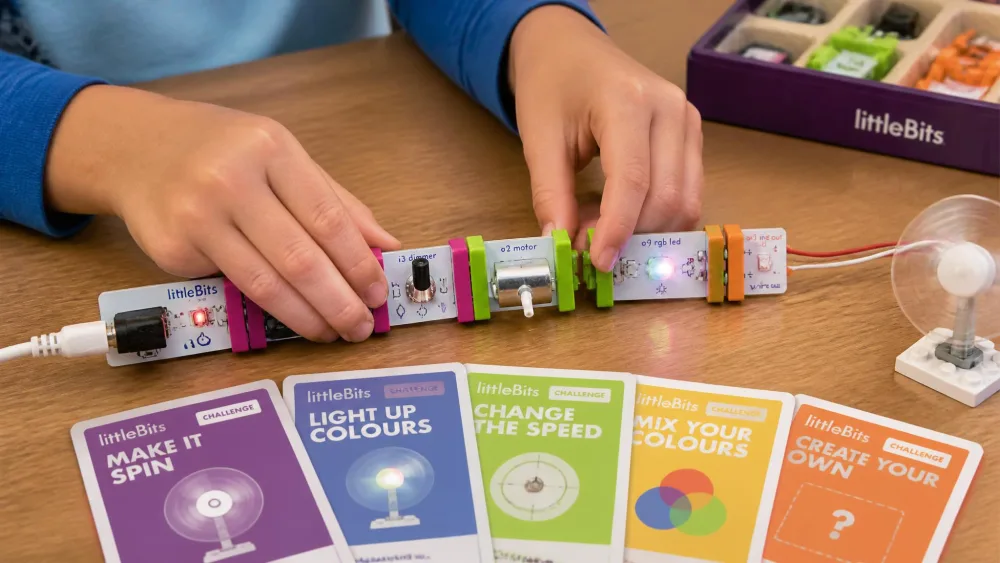 A child's hands snapping colour-coded magnetic littleBits modules together into a chain with a motor and an RGB LED, with challenge cards fanned out on the table.