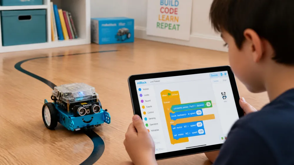 A Makeblock mBot robot with its blue metal chassis following a black tape line across a wooden floor while a child watches from a tablet showing the mBlock app.