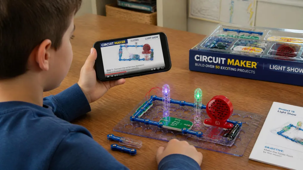 A child holding a phone showing a Circuit Maker video instruction while a partly built National Geographic Circuit Maker light-show circuit sits on the table in front of them.