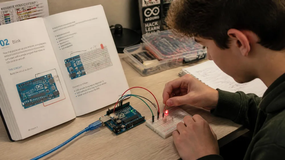 A teenager wiring an LED circuit on a breadboard connected to a genuine Arduino Uno R3 board, with the Arduino projects book open to a wiring diagram alongside.