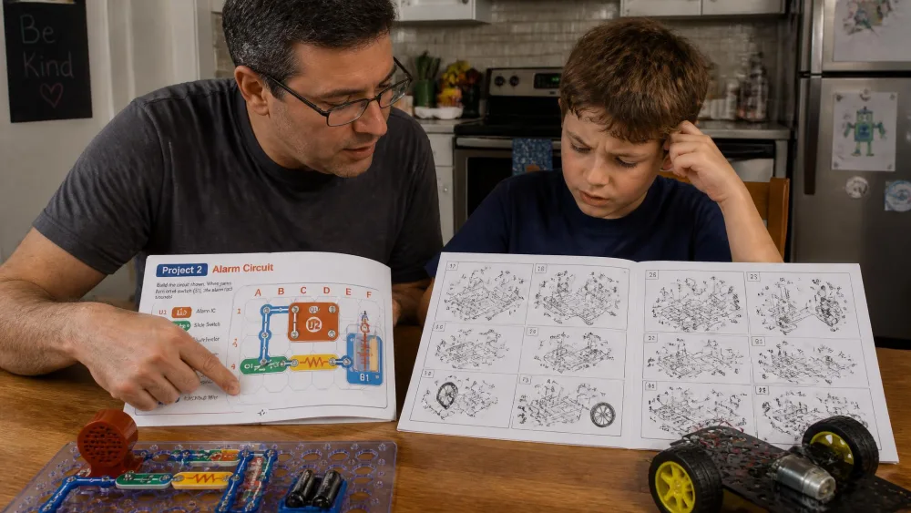 A parent and child at a kitchen table comparing a picture-diagram Snap Circuits manual against a dense diagram-only robot car assembly booklet.