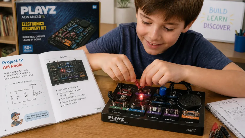 An eight-year-old connecting spring terminals on the pre-assembled Playz Advanced circuit board to light an LED, with the 64-page illustrated manual open to a radio project.