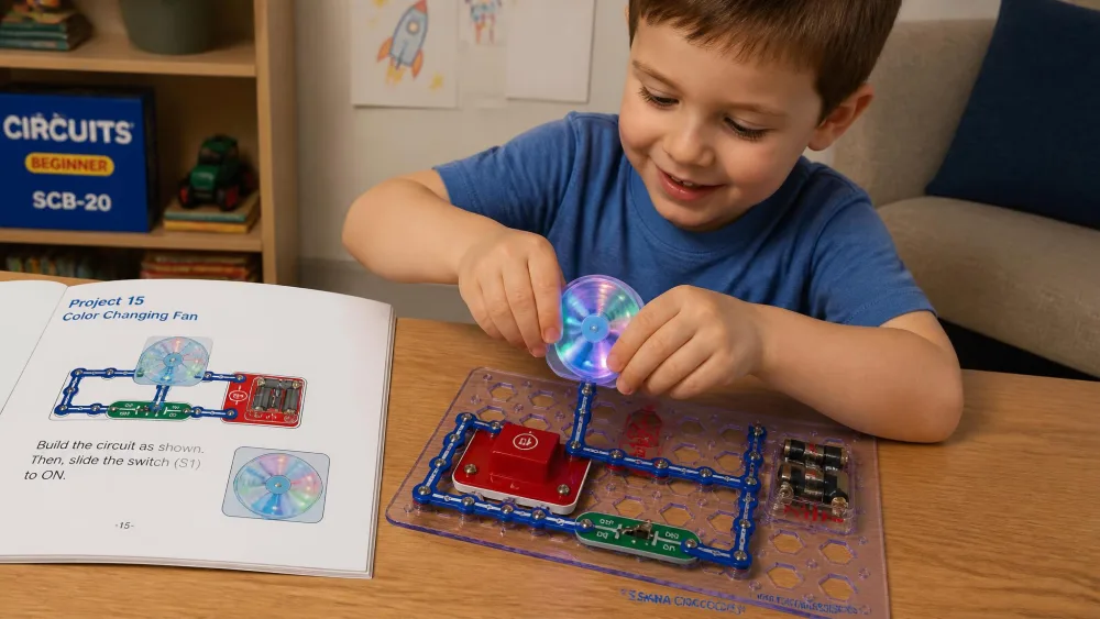 A five-year-old snapping the lighted colour-changing fan module onto a Snap Circuits Beginner SCB-20 board, with the pre-reader picture manual open flat beside them.