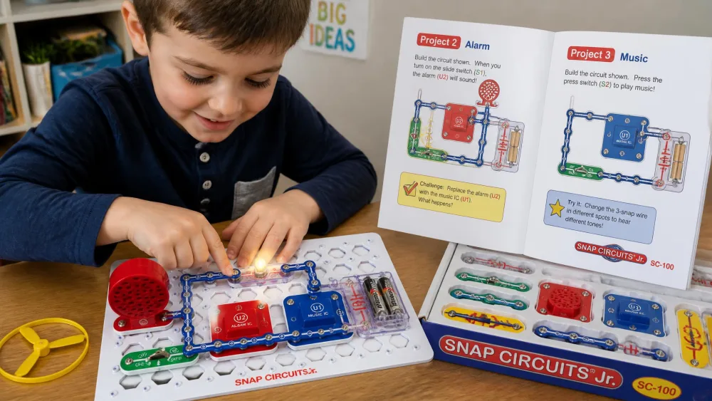 A young child pressing colour-coded Snap Circuits Jr. SC-100 parts onto the white plastic base grid, with the open full-colour project manual propped up beside the kit.