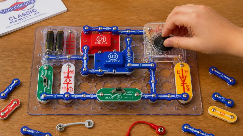 A completed Snap Circuits Classic SC-300 AM radio circuit on its base grid, with a child's hand adjusting the tuning part and loose snap wires scattered around the board.