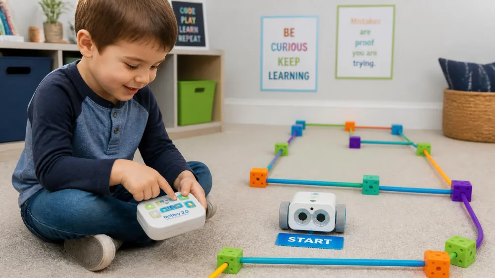 A five-year-old pressing arrows on the Botley 2.0 remote programmer while the white robot waits at the start of a course built from coloured sticks and cubes.