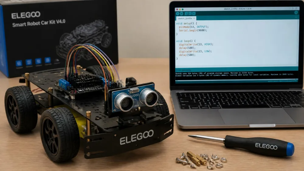 A part-assembled ELEGOO robot car chassis with its ultrasonic sensor attached, a screwdriver and loose screws beside it, and a laptop showing the Arduino IDE.
