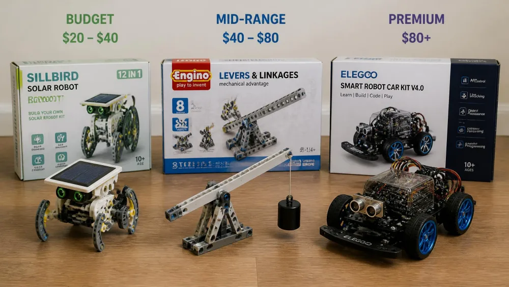 Three engineering kits arranged by price tier on a wooden floor, with the Sillbird solar robot, an Engino lever model and the ELEGOO robot car beside their boxes.