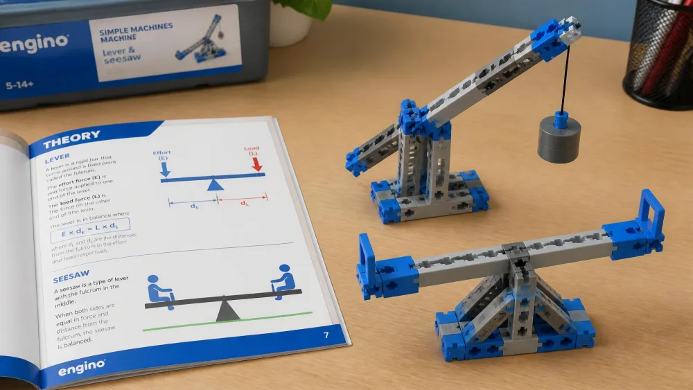 A completed Engino lever and seesaw model in blue and grey plastic beside the open theory booklet on a desk.