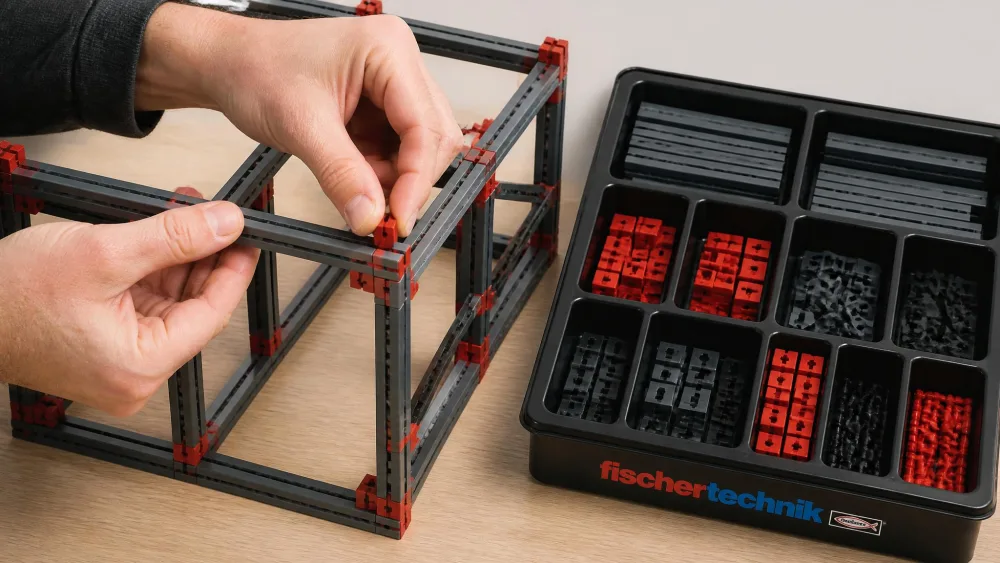 A precisely built grey and red fischertechnik frame structure with an adult's hands pressing a stiff connector into a rail and a sorted parts tray alongside.