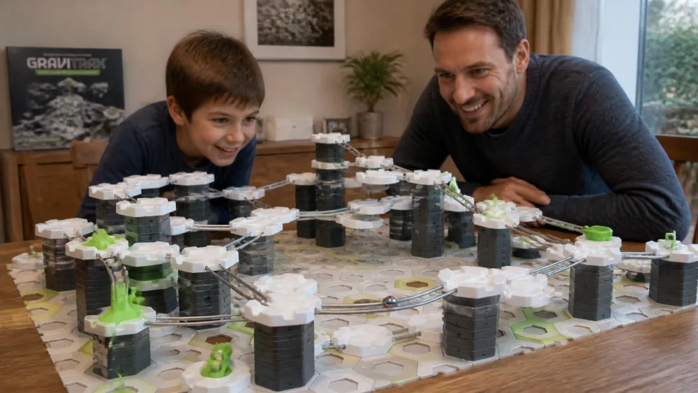 A multi-level GraviTrax track across a dining table with a steel marble mid-run on a curved rail and an eight-year-old and an adult leaning in.