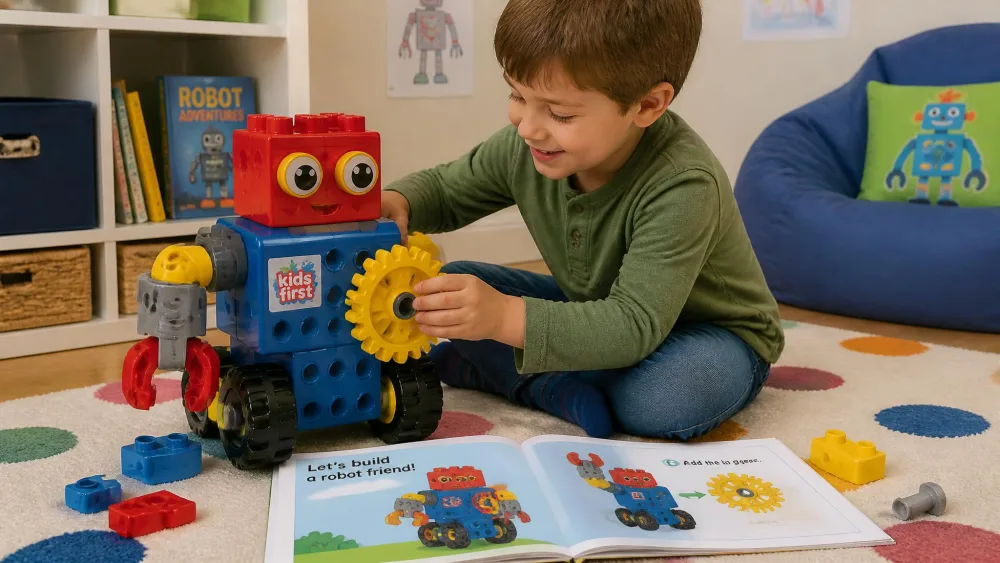 A six-year-old fitting a large yellow gear onto a chunky plastic Kids First robot build, with the illustrated storybook manual open on the rug.