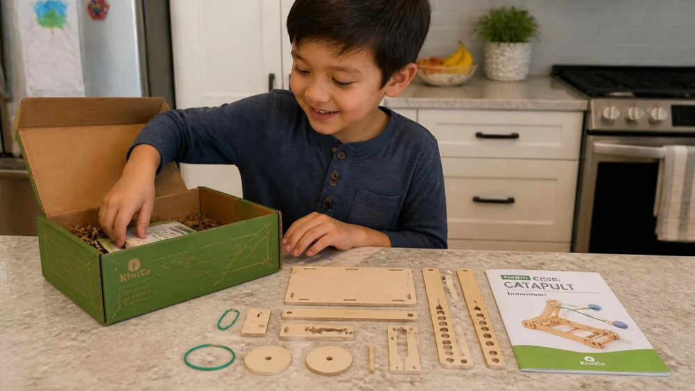 A child unpacking a KiwiCo Tinker Crate on a kitchen counter with pre-measured wooden parts, an elastic band and the instruction booklet laid out.