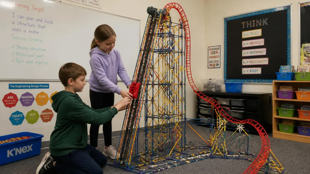 A tall part-built K'NEX roller coaster tower on a classroom floor with two children feeding the red car onto the motorised chain lift.