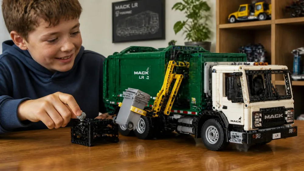 A child turning the gear lever on a finished LEGO Technic Mack LR garbage truck as the side loader lifts a small grey wheelie bin.