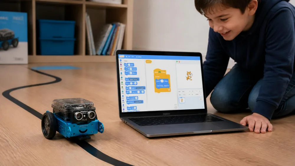 A blue Makeblock mBot2 following a black tape line across a wooden floor while a child kneels beside it with a laptop showing Scratch blocks.
