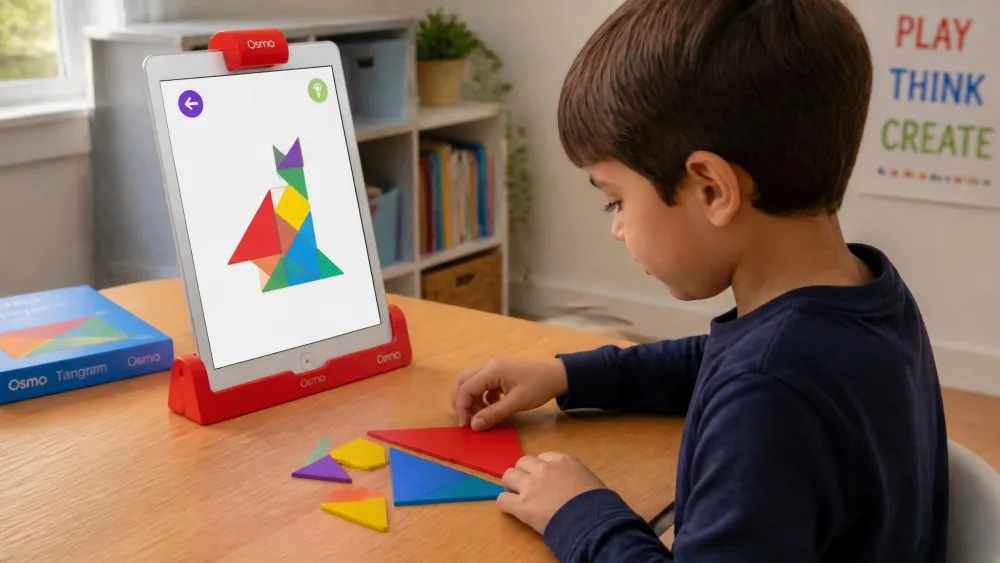 An iPad in a red Osmo base with the reflector attached showing a tangram puzzle while a six-year-old arranges matching coloured shapes on the table.