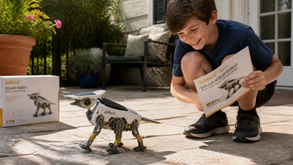 A small assembled Sillbird solar robot walking across a sunlit patio while a nine-year-old crouches beside it holding the instruction sheet.