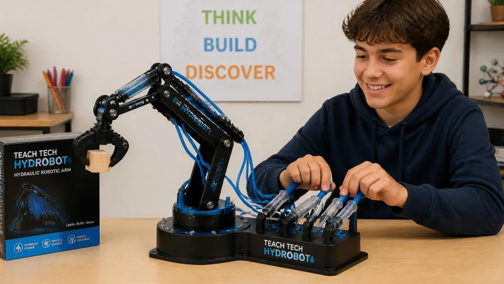 A finished Teach Tech Hydrobot arm gripping a small wooden block while a teenager pushes the water-filled syringe levers on the control base.