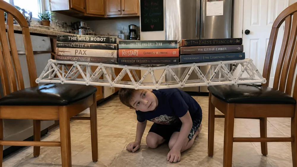 A completed plastic truss bridge spanning two kitchen chairs with a stack of books loaded onto its deck and a child watching the middle for sag.