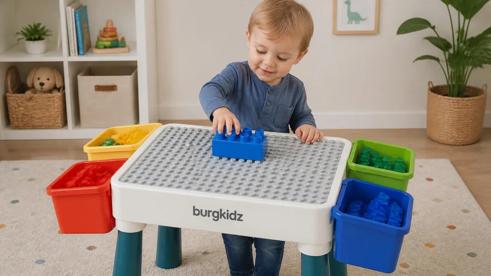 A toddler pressing a large Duplo-size block onto the studded top of a burgkidz toddler building table, with four coloured storage boxes clipped to the sides.