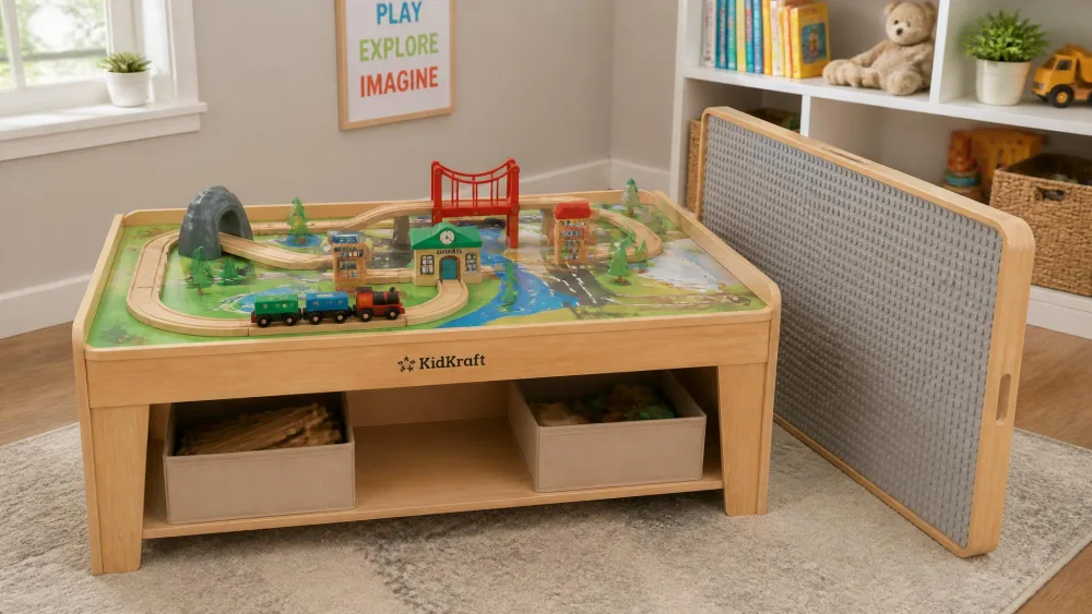 A natural wood KidKraft 2-in-1 reversible top table showing the illustrated road side with a wooden train set laid out, the brick side of the top propped up beside it.