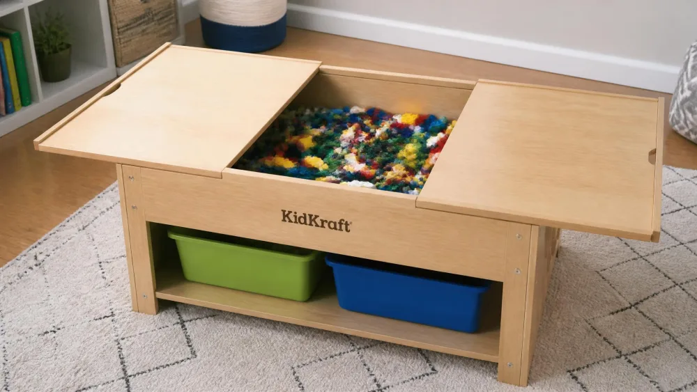A wooden KidKraft Play N Store table with its sliding lid pulled open to reveal the hidden centre bin full of bricks, two plastic bins visible underneath.