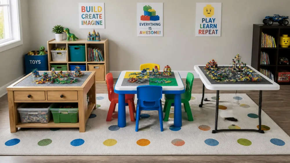 Three kids brick tables lined up on a playroom rug, one wooden with drawers, one small plastic table with chairs and one folding table, each with bricks on top.