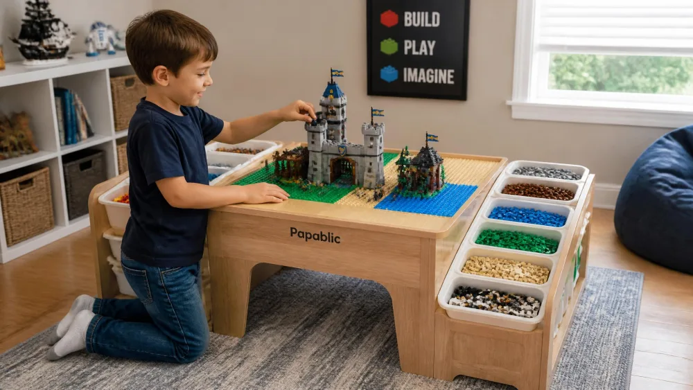 A seven-year-old kneeling at a hardwood Papablic activity table with a large partly built LEGO set on the brick boards and sorted bricks in the side compartments.