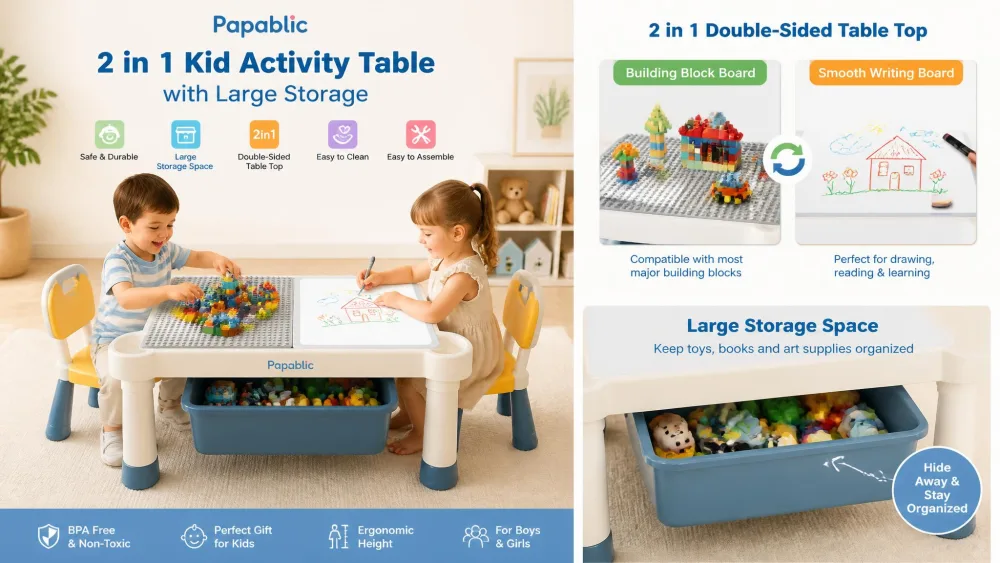 Papablic 2 in 1 Kid Activity Table with Large Storage