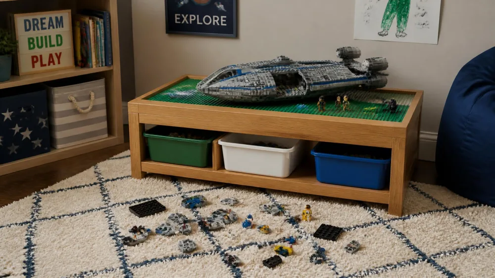 A playroom corner with a wooden brick table holding a half-built spaceship and loose LEGO pieces scattered across the rug in front of it.