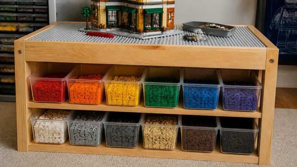 Clear plastic bins filled with LEGO bricks sorted by colour on the lower shelf of a wooden brick table, with a partly finished build on the studded top above.