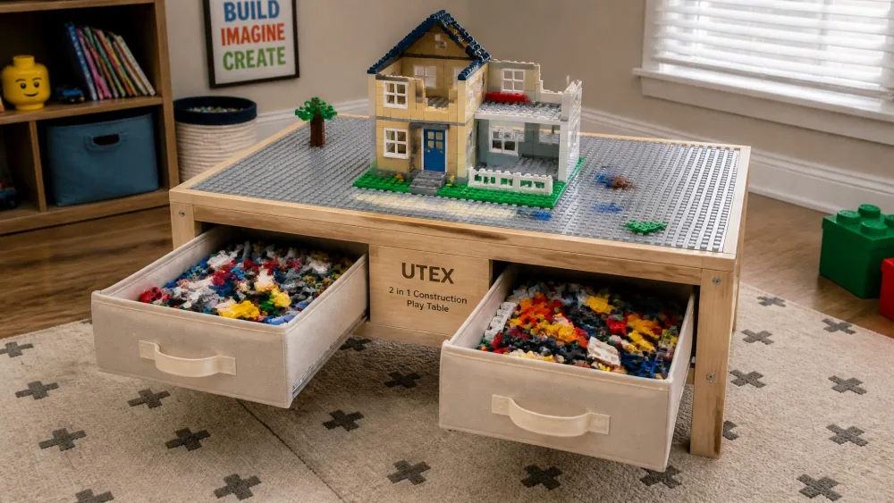 A wooden UTEX 2 in 1 construction play table with both fabric drawers pulled out and full of loose bricks, a half-built house standing on the studded top.