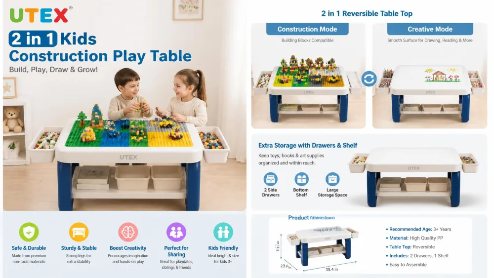 UTEX 2 in 1 Kids Construction Play Table with Drawers