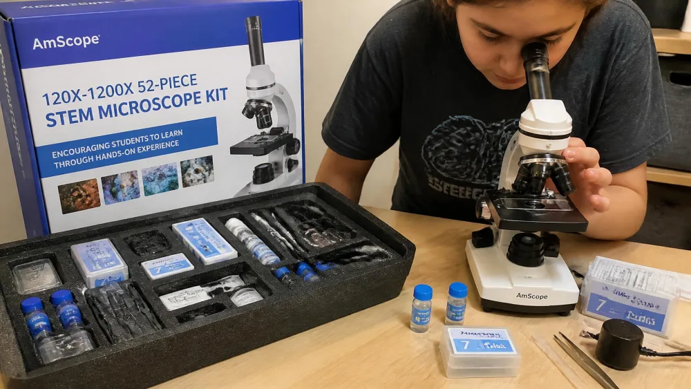 AmScope 120X-1200X 52-Piece STEM Kit — hands-on photo